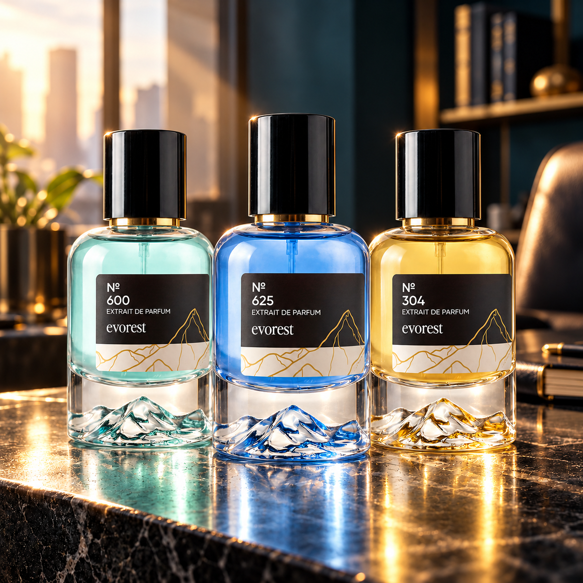 Office Set · evorest №600, №625 und №304 · drei 50-ml-Flakons gemeinsam im Morgenlicht