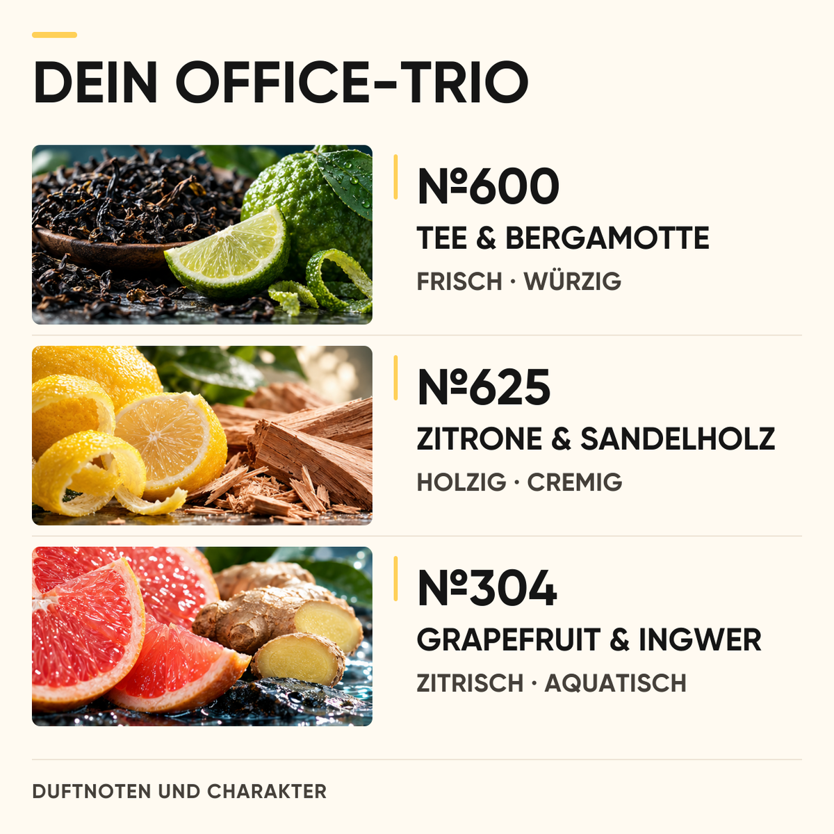 Office-Duftvergleich: №600 Tee und Bergamotte – frisch, würzig; №625 Zitrone und Sandelholz – holzig, cremig; №304 Grapefruit und Ingwer – zitrisch, aquatisch.