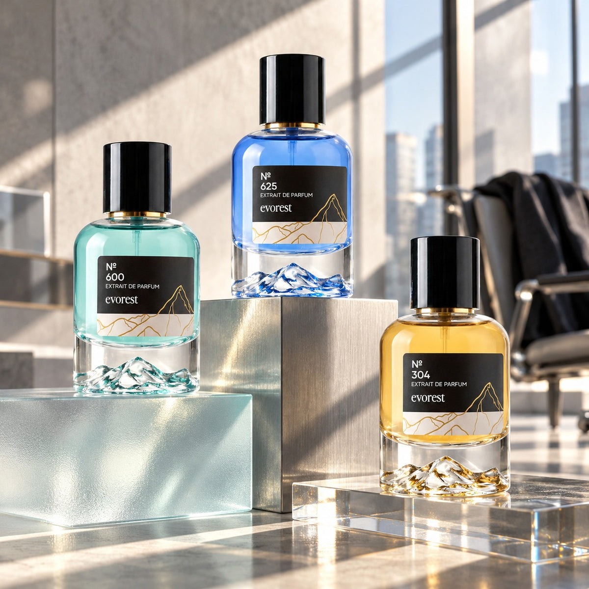 Office Set · evorest №600, №625 und №304 · drei 50-ml-Flakons auf Glasstufen im Morgenlicht