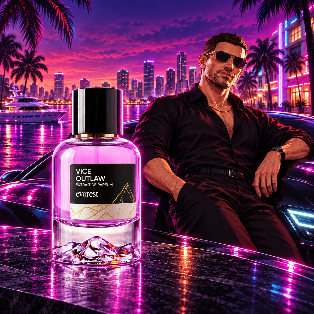 Vice Outlaw 50 ml vor einem Mann mit Sonnenbrille am Sportwagen im violetten Neonlicht.