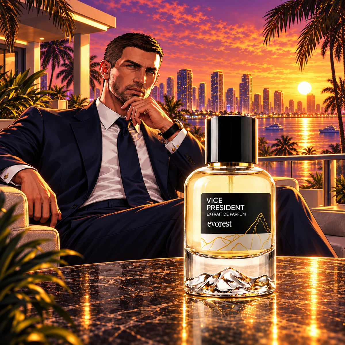 Vice President 50 ml vor einem Mann im Anzug auf einer goldenen Vice-City-Dachterrasse.